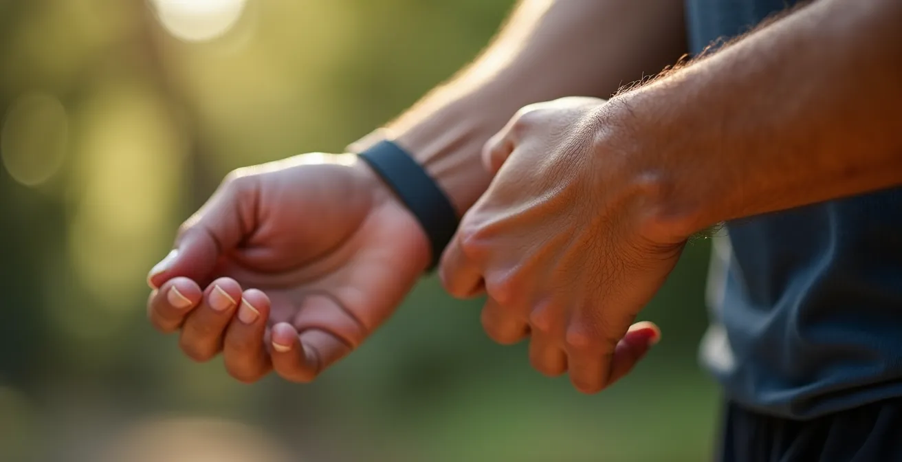 Gros plan sur une main mesurant le pouls au poignet après l'effort