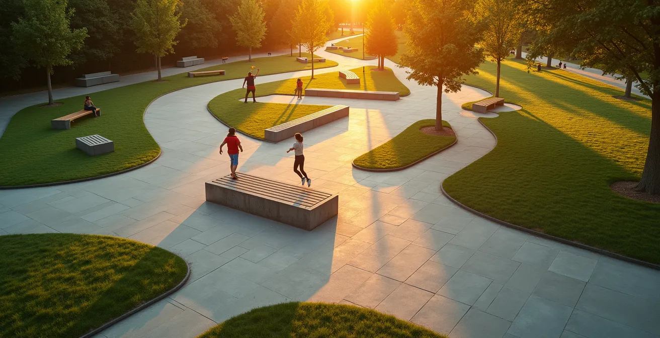 Vue aérienne d'un parc montrant un parcours d'obstacles naturels avec bancs et espaces verts