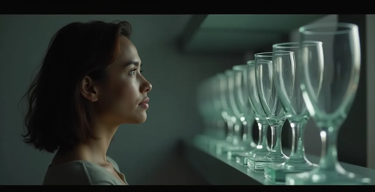 Personne contemplant des trophées vides avec expression pensive