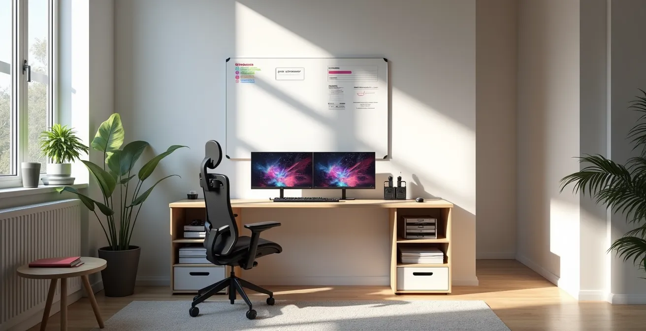 Espace de jeu éducatif dans un salon avec bureau gaming, tableau blanc de progression linguistique et rangements organisés