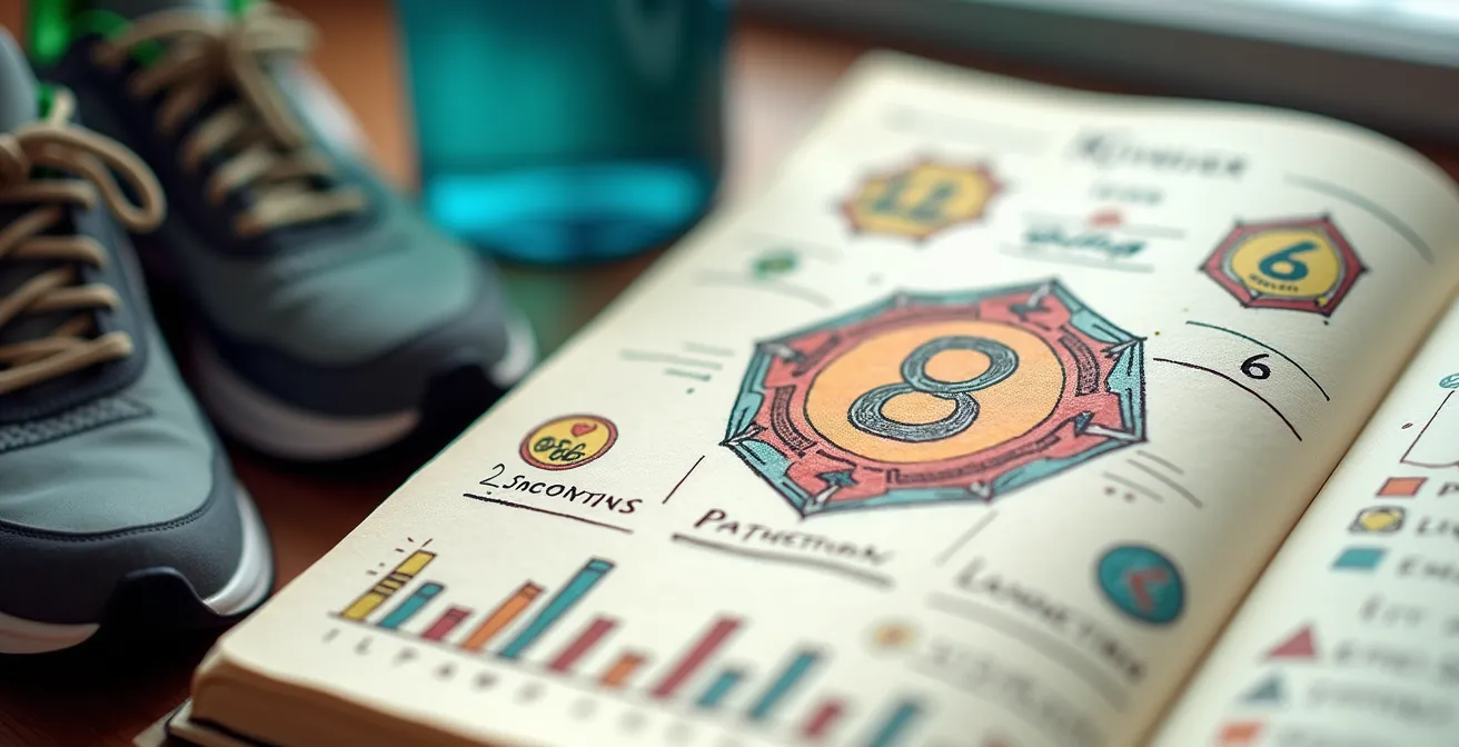 Carnet d'entraînement sportif avec système de points et badges dessinés à la main