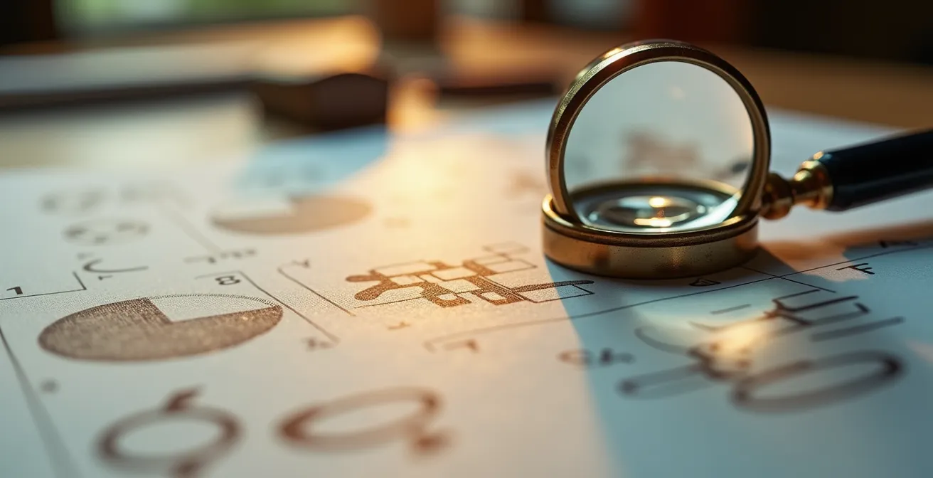 Composition macro de notes manuscrites d'analyse avec loupe grossissante sur papier