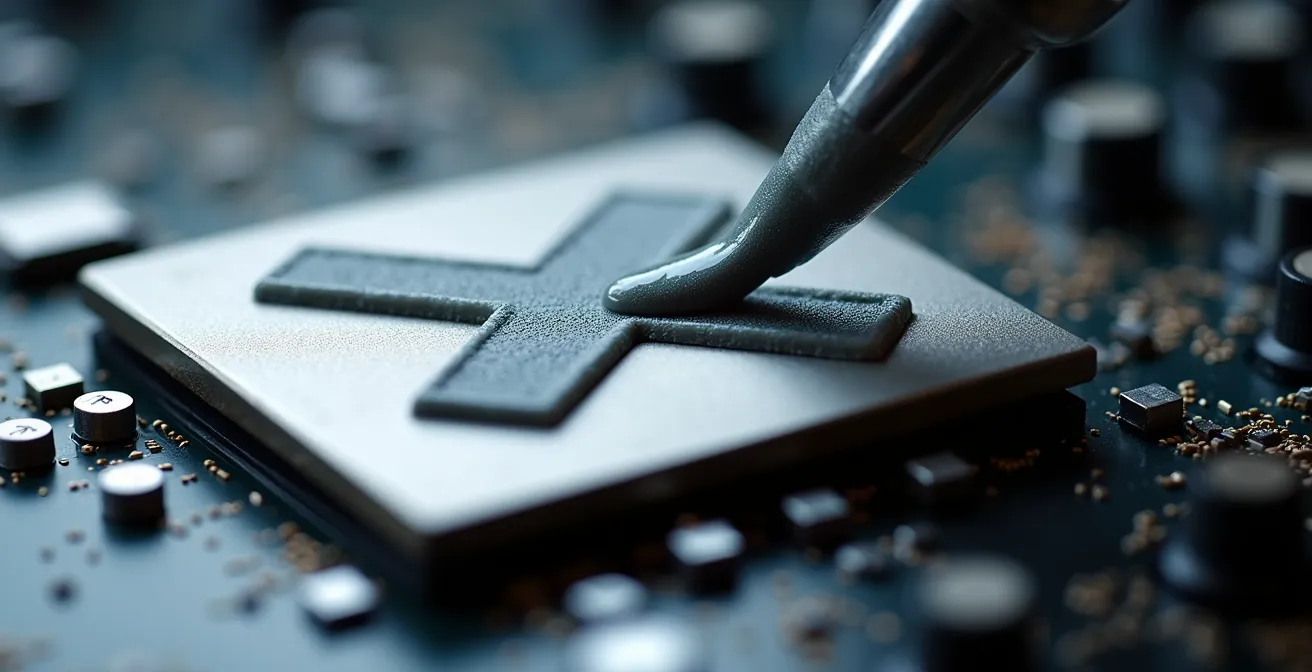 Vue macro d'une application de pâte thermique sur un processeur en méthode croix