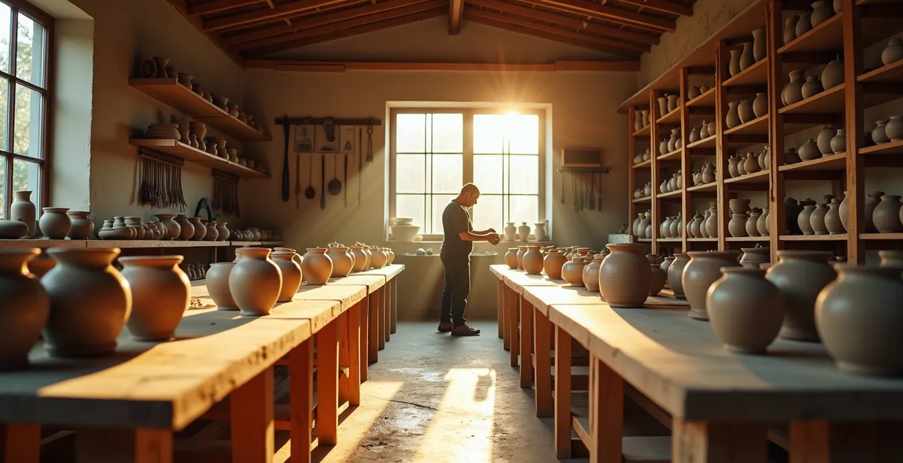 Vue environnementale d'un atelier de poterie traditionnel avec un artisan au travail