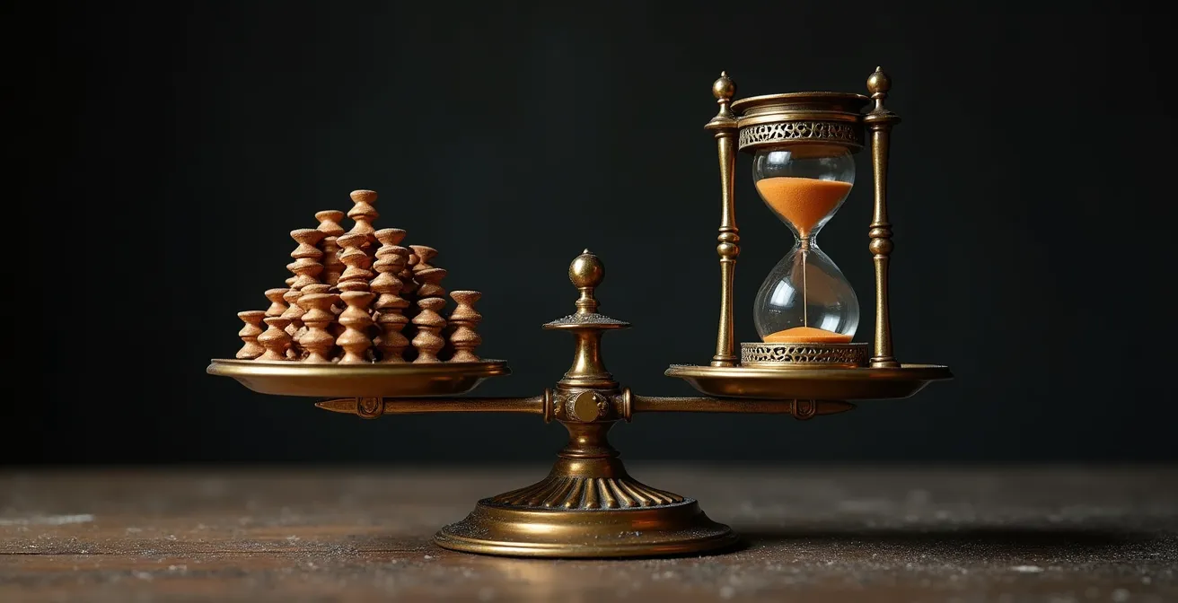 Vue minimaliste d'une balance symbolique avec des pièces de jeu d'un côté et un sablier de l'autre