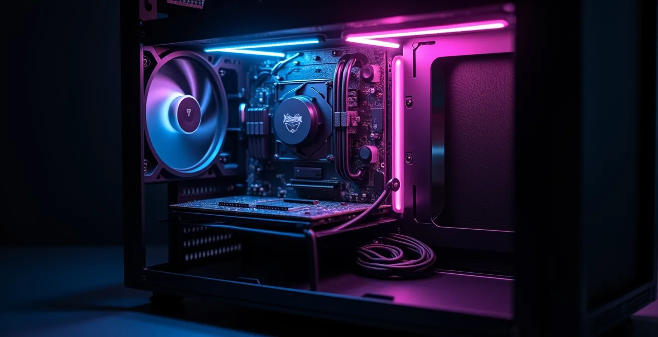 Intérieur de boîtier PC avec cable management optimal montrant le flux d'air