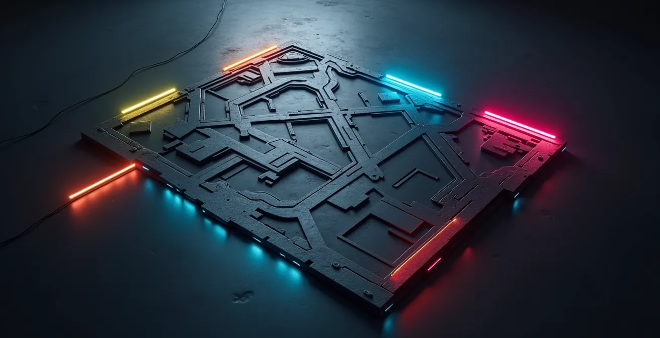 Vue aérienne d'une carte de jeu tactique avec zones marquées pour la communication