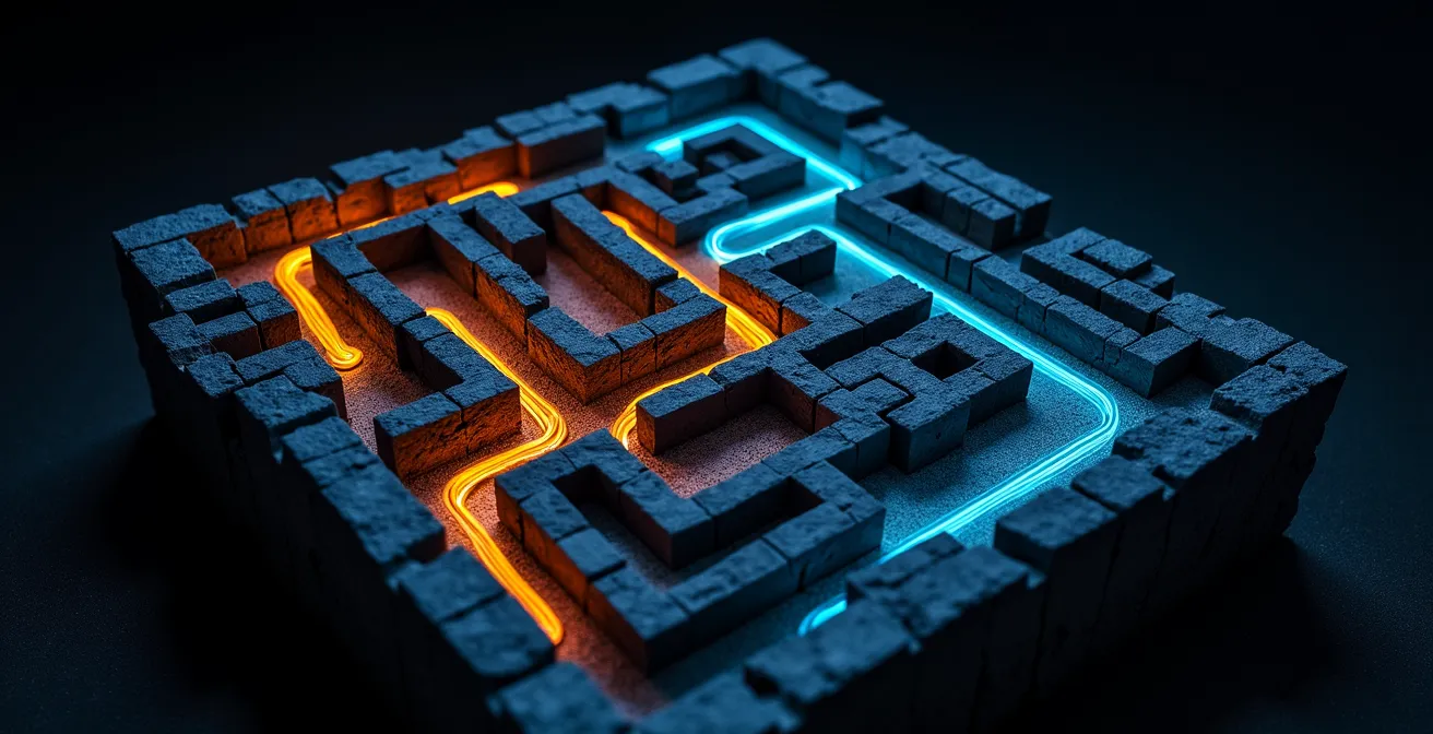 Vue du dessus d'un labyrinthe avec des traces lumineuses montrant les trajets de patrouille