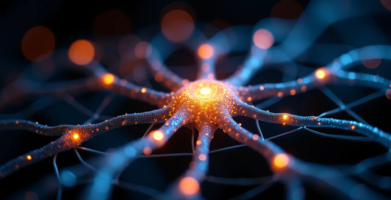 Représentation artistique des connexions neuronales actives durant l'état de flow en jeu rythmique