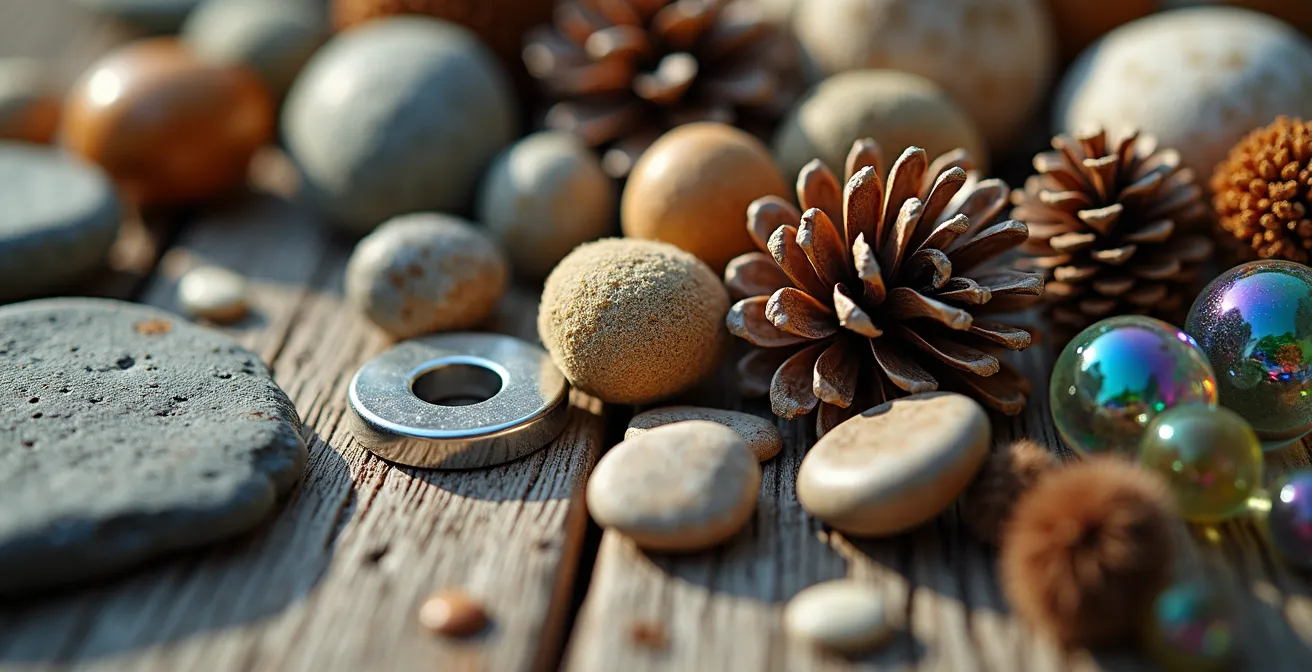 Vue macro de divers matériaux naturels et objets de récupération disposés artistiquement sur une surface en bois