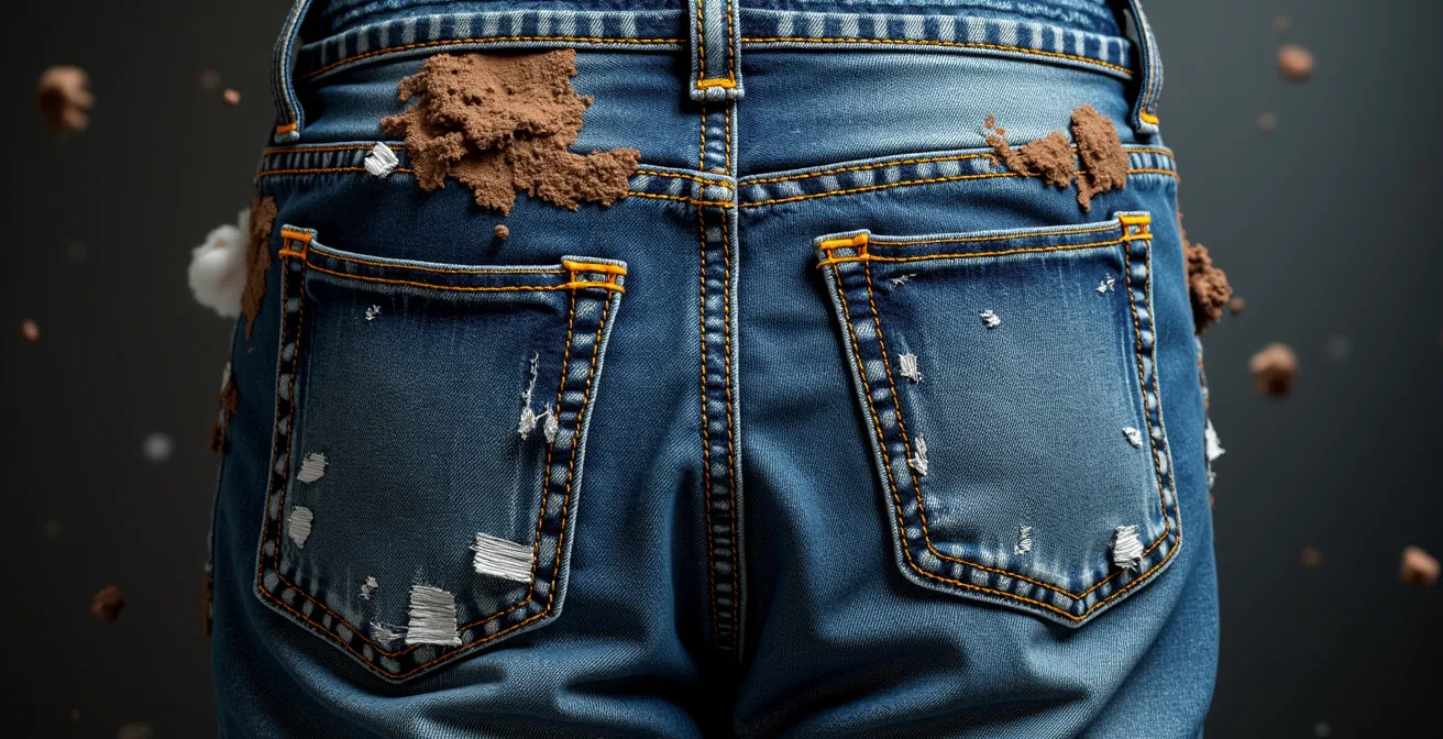 Comparaison visuelle entre un jean réparé symbolisant l'économie de ressources et un jean neuf.
