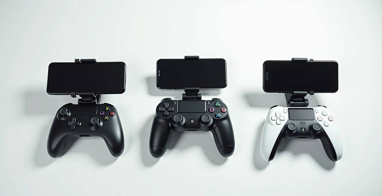 Mains tenant différents types de manettes gaming pour smartphone dans une configuration de test