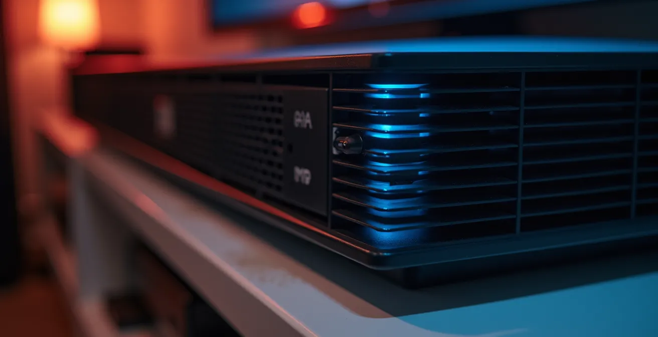 Vue détaillée d'une console de jeux correctement ventilée dans un meuble TV ouvert