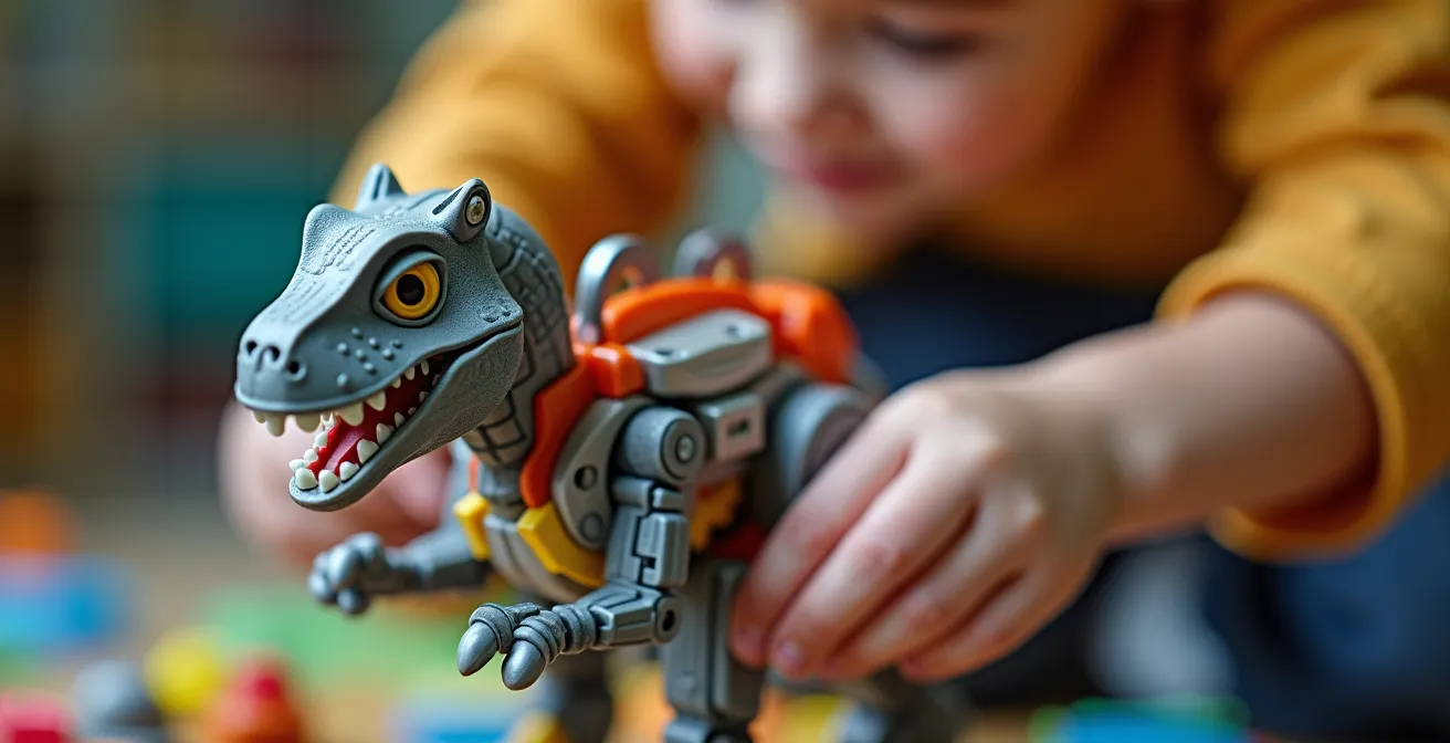 Vue macro de mains d'enfant assemblant des parties de différents jouets pour créer une nouvelle créature hybride