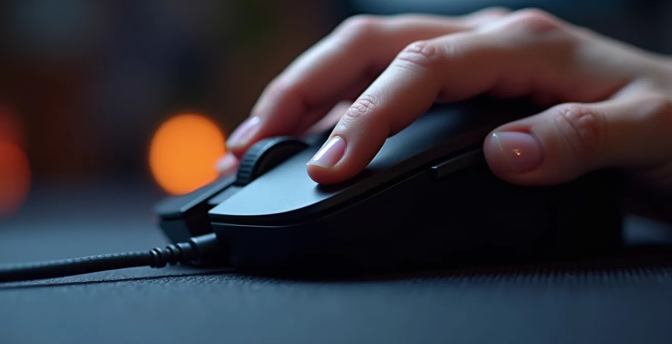 Vue macro détaillée d'une main ajustant finement une souris gaming sur un tapis de précision