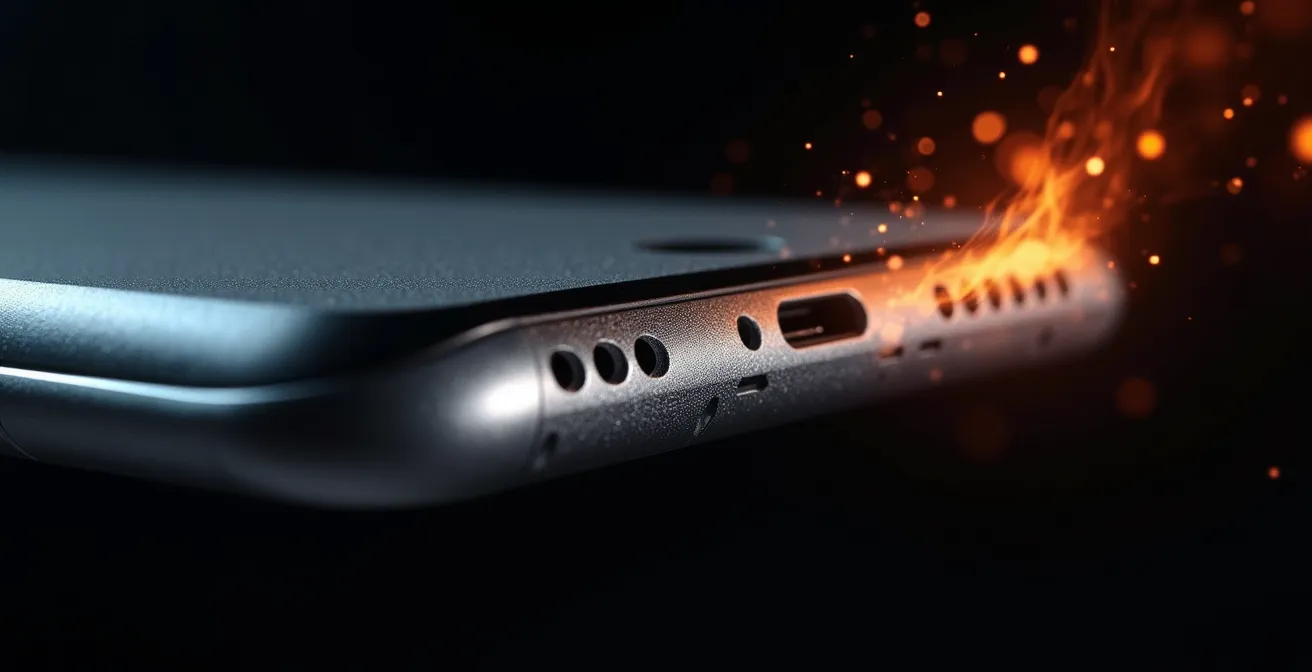 Vue macro d'un smartphone avec dissipation thermique visible montrant la différence de température