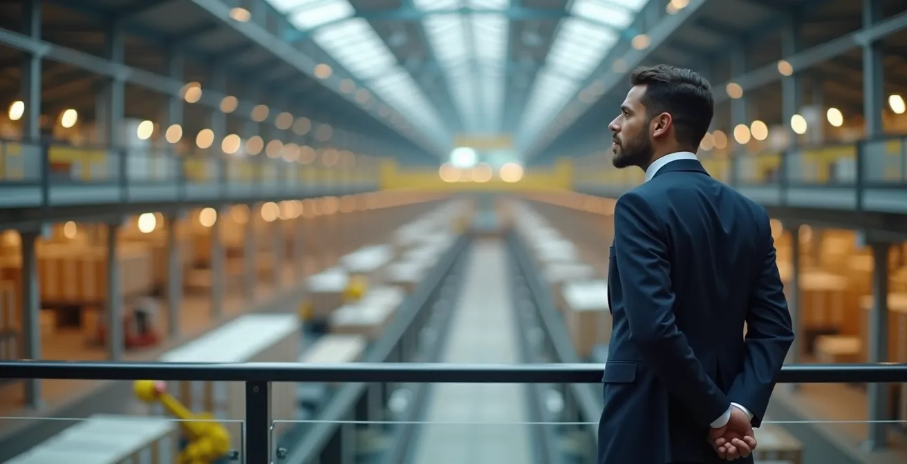 Dirigeant observant sereinement un système automatisé fonctionner depuis une position surélevée