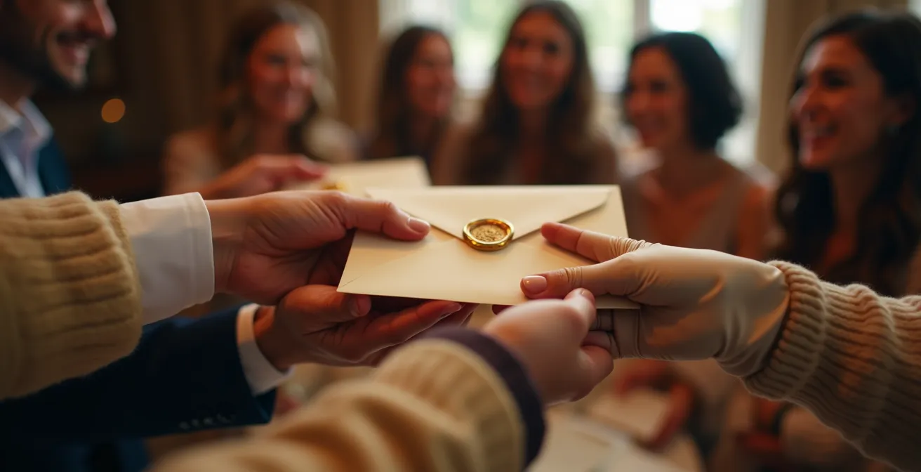 Groupe d'amis recevant leurs fiches de personnage avec expressions variées d'excitation et de curiosité