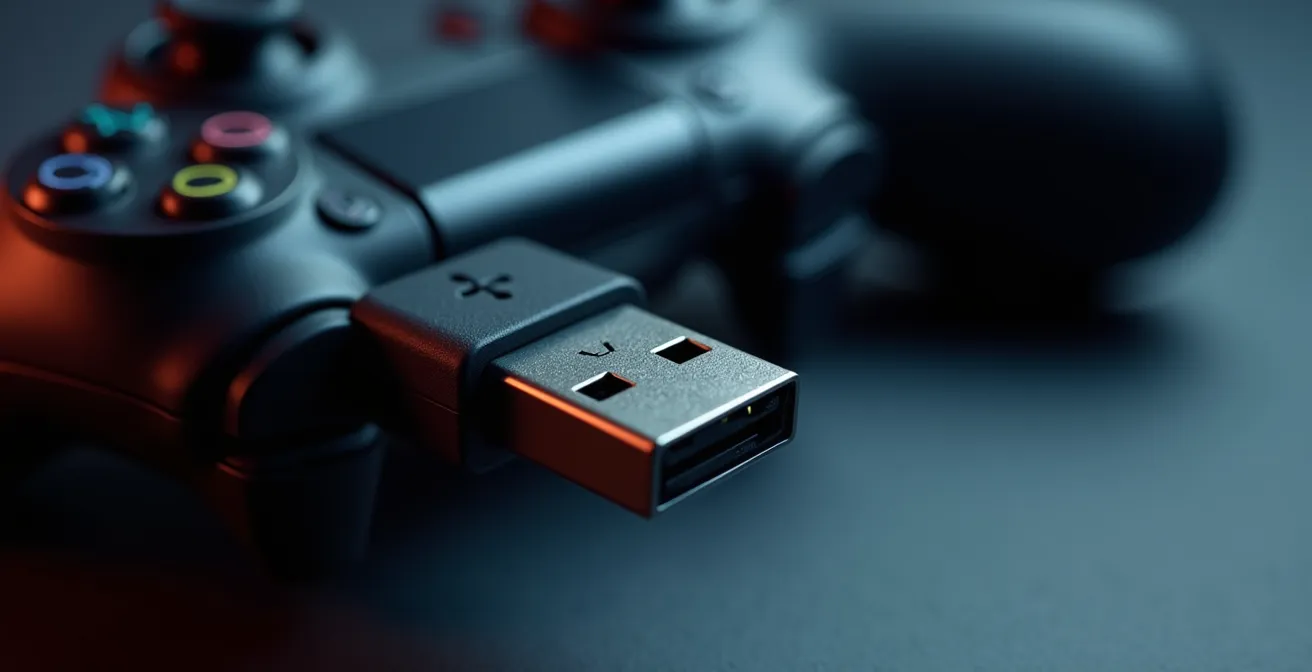 Gros plan sur un adaptateur USB connecté à une console avec une manette à proximité