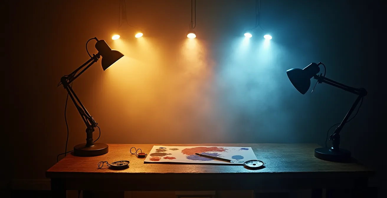 Configuration d'éclairage multiple dans un atelier avec lampe d'architecte et bandeaux LED