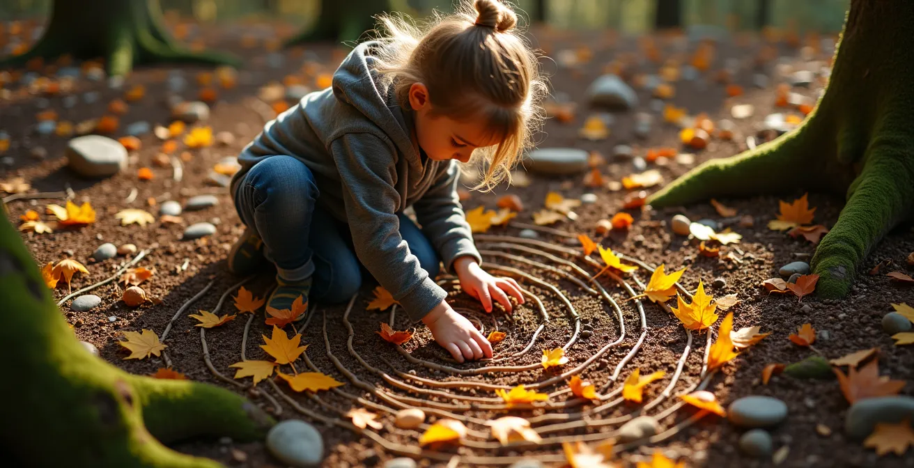 Enfant vue de haut créant une spirale avec des éléments naturels dans un sous-bois