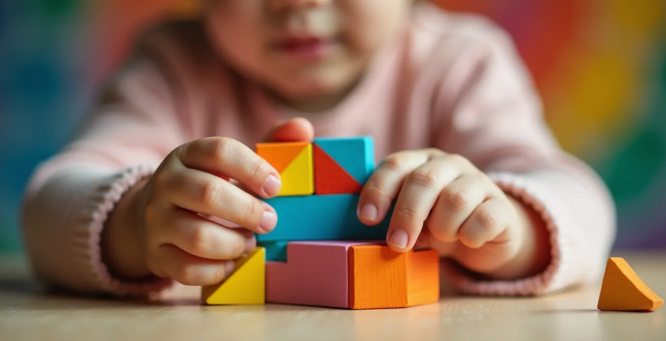 Gros plan sur les mains d'un enfant manipulant des formes géométriques colorées en bois
