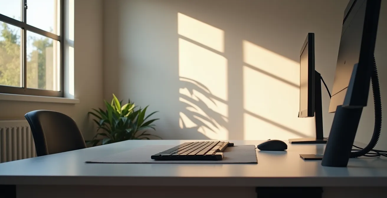 Setup gaming épuré avec éclairage ambiant et perspective large