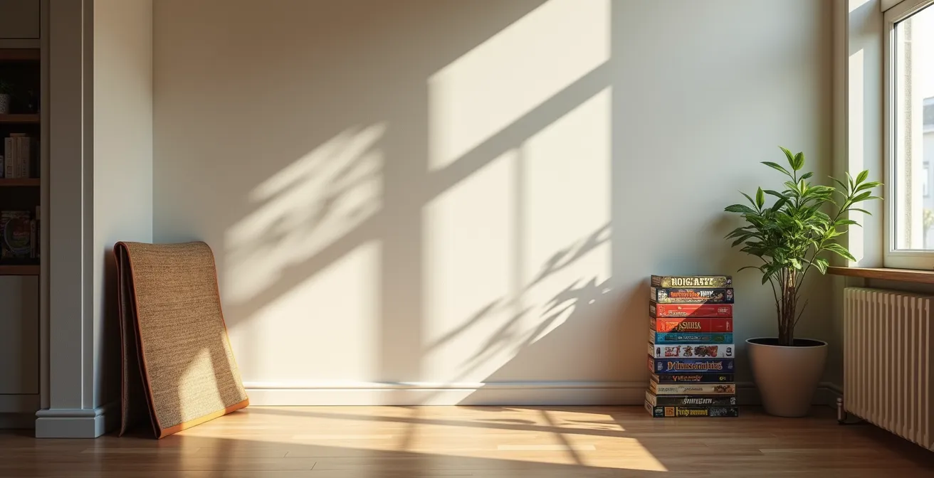 Vue d'ensemble d'un espace de jeu de société solo organisé avec solutions de rangement créatives