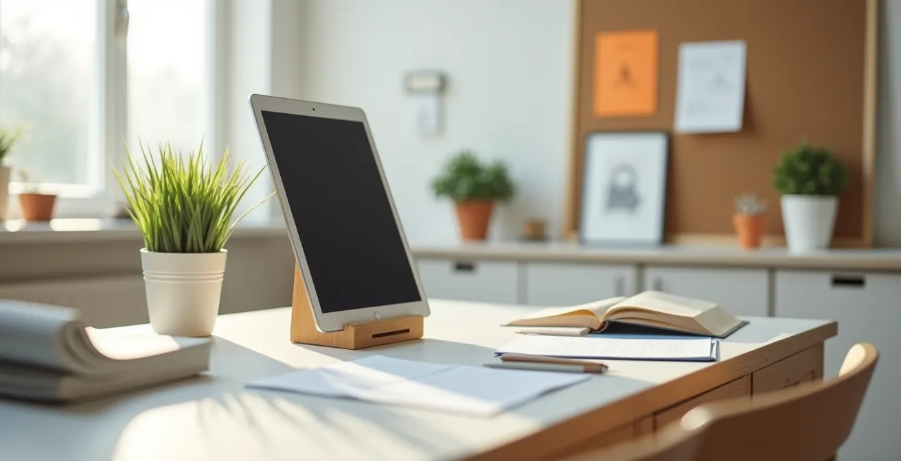 Bureau d'étude minimaliste avec tablette configurée en mode éducatif et environnement sans distraction