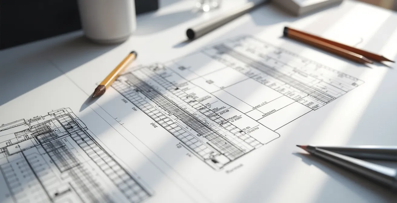 Vue en perspective d'un bureau avec croquis techniques à différents stades