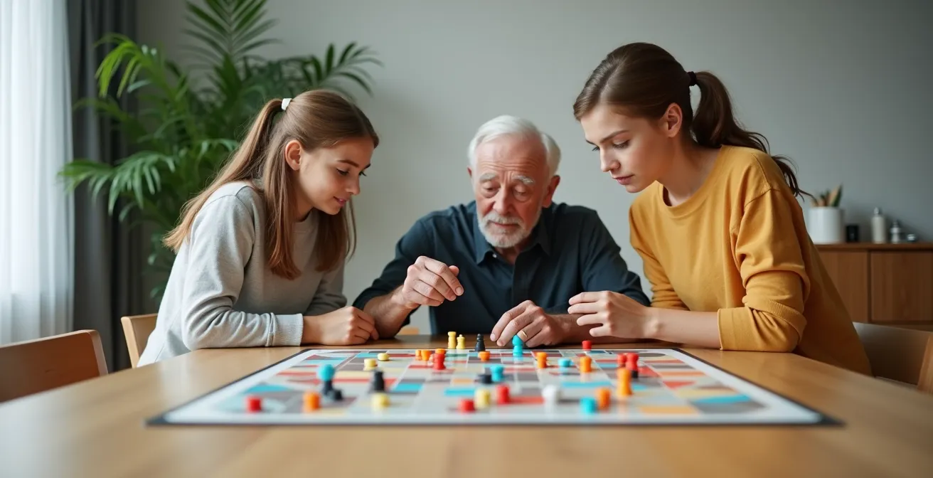 Adolescent guidant son grand-père sur un plateau de jeu coloré