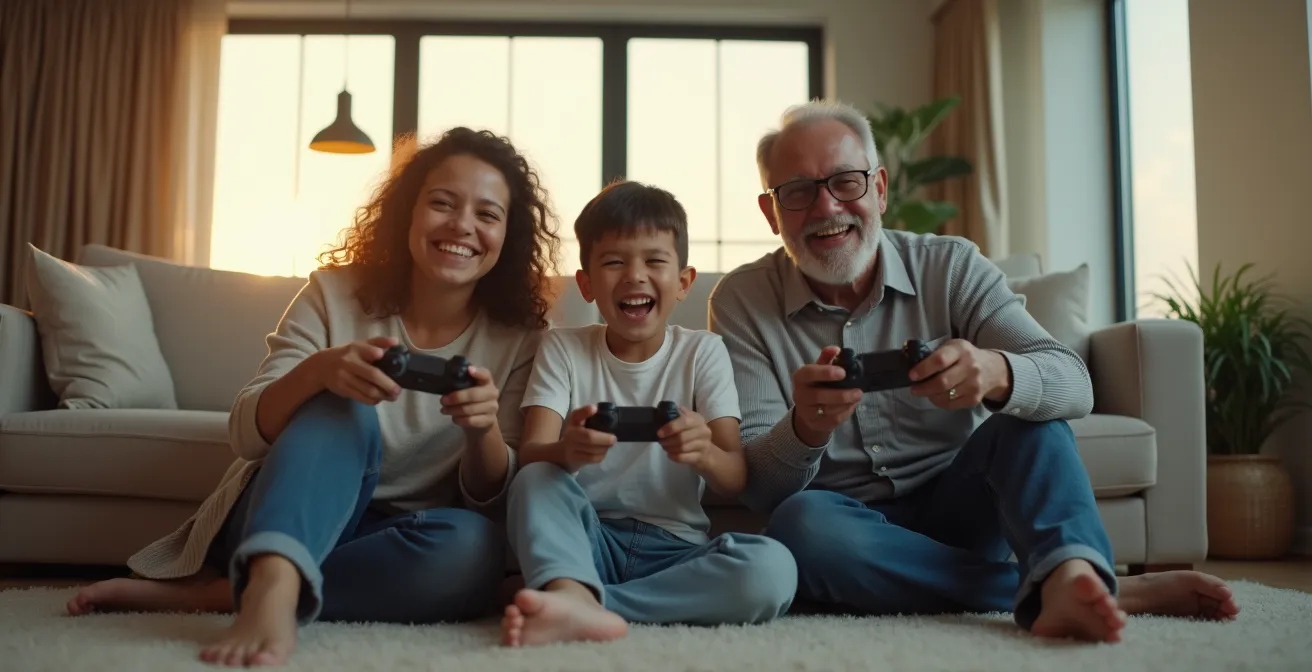 Famille multigénérationnelle jouant ensemble dans un salon chaleureux
