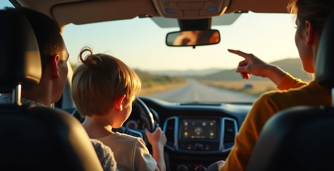 Vue depuis l'intérieur d'une voiture en voyage montrant un enfant observant le paysage avec enthousiasme