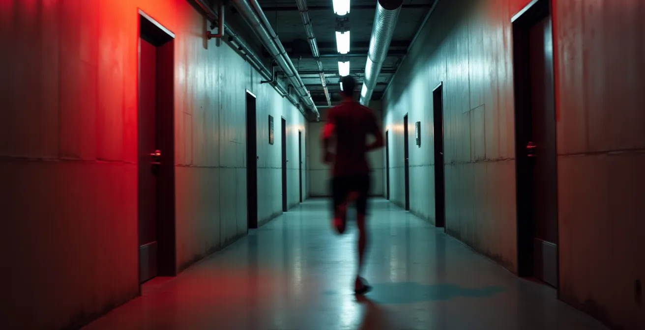 Silhouette floue en mouvement rapide dans un couloir sombre avec des lumières d'alerte