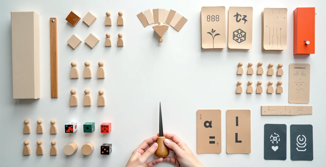 Vue aérienne d'une table avec composants de jeu de société fait maison étalés dans un espace épuré