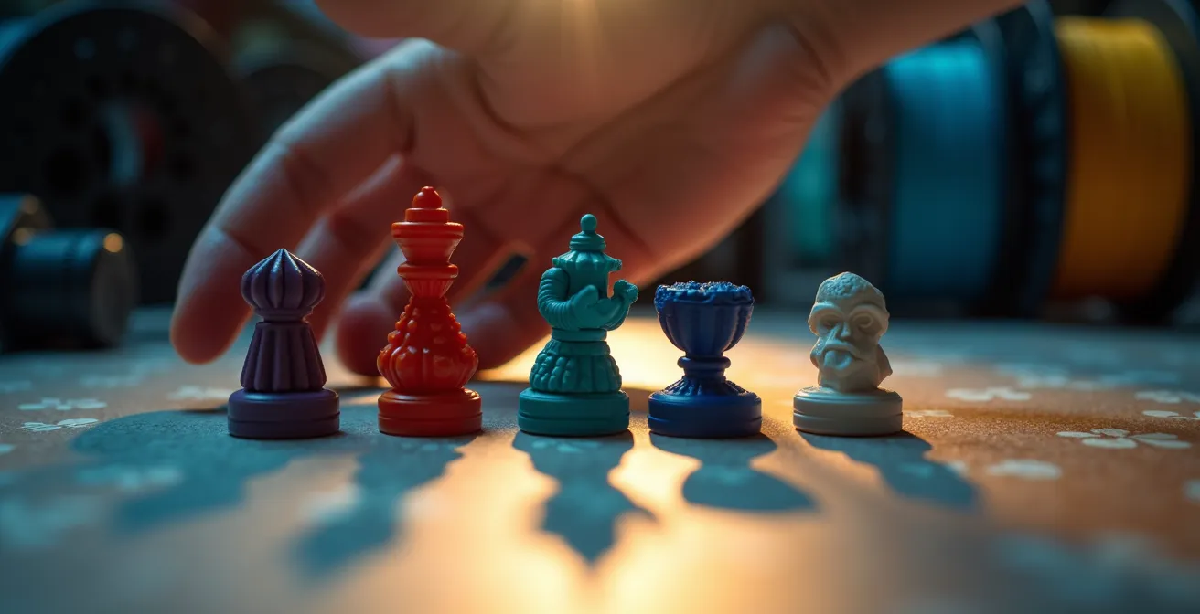 Écran de recherche de modèles 3D montrant différentes catégories de jeux de plateau avec filtres de sélection