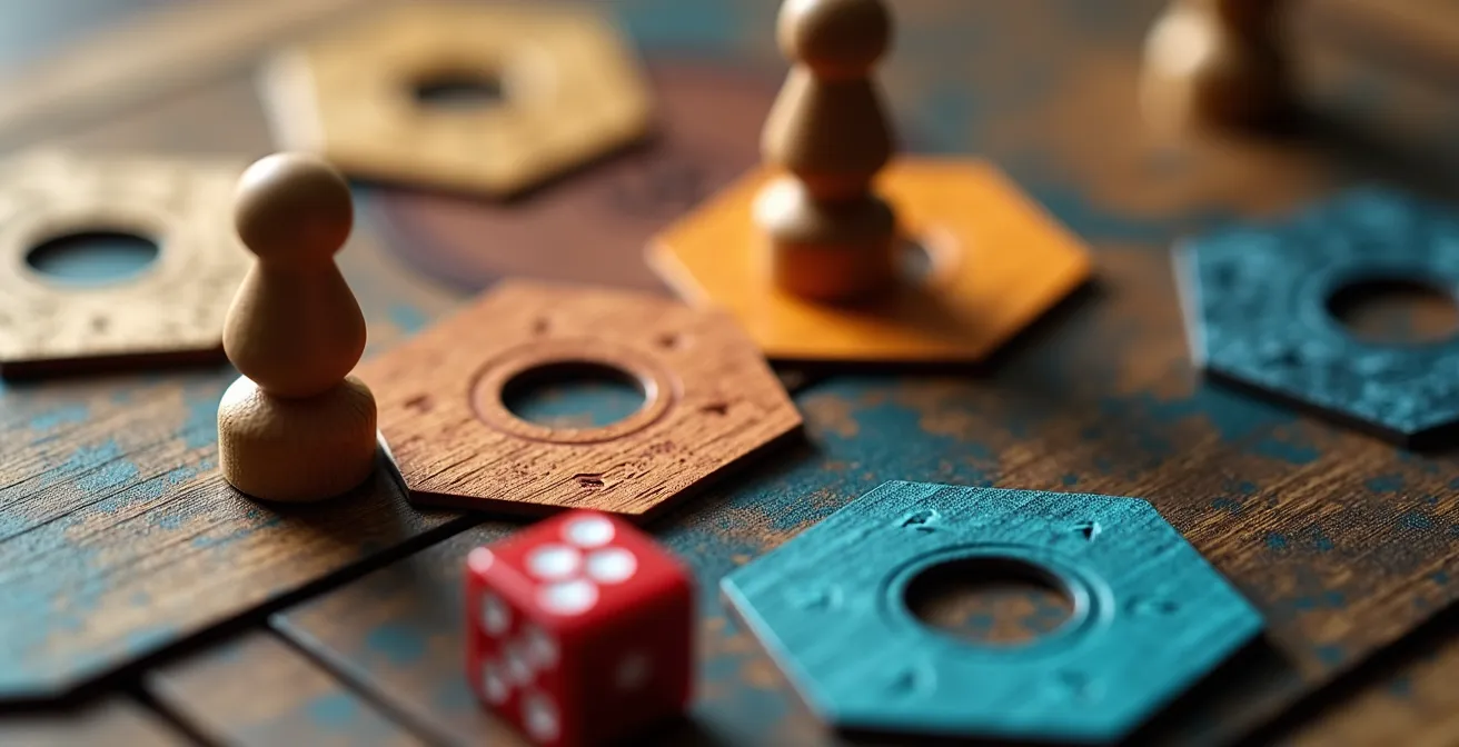 Gros plan sur un système Automa avec cartes et composants de jeu solo