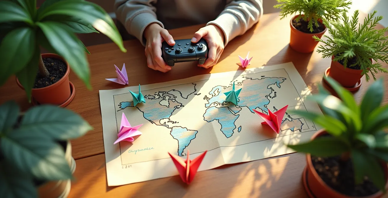 Environnement de jeu vidéo poétique et coloré avec éléments naturels