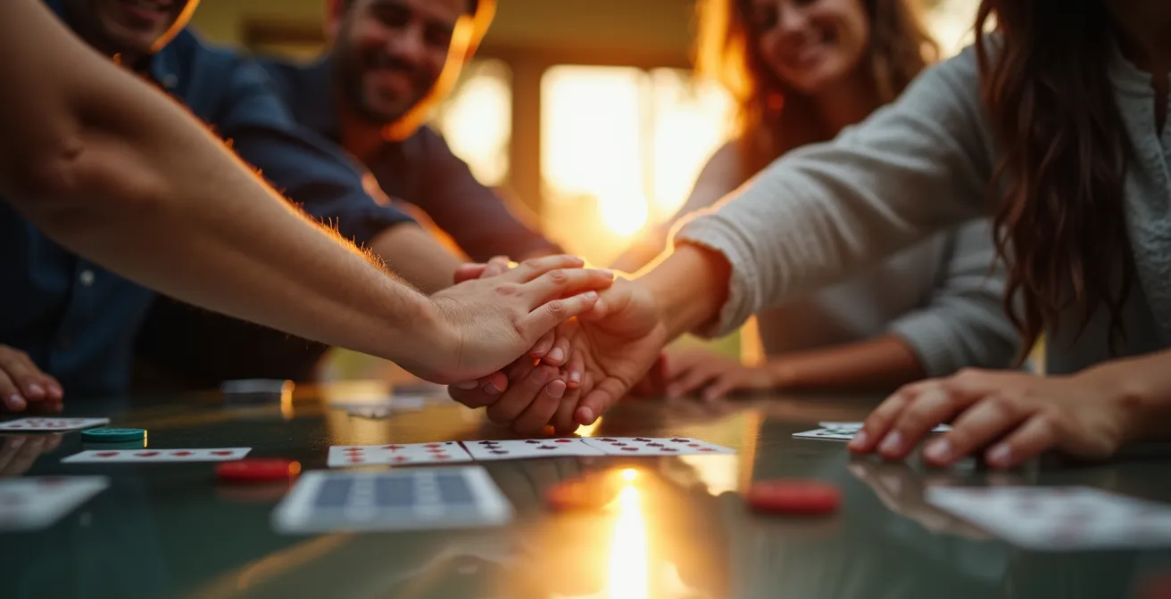 Gros plan sur des mains de différentes personnes se tapant dans un high-five collectif au-dessus d'une table de jeu