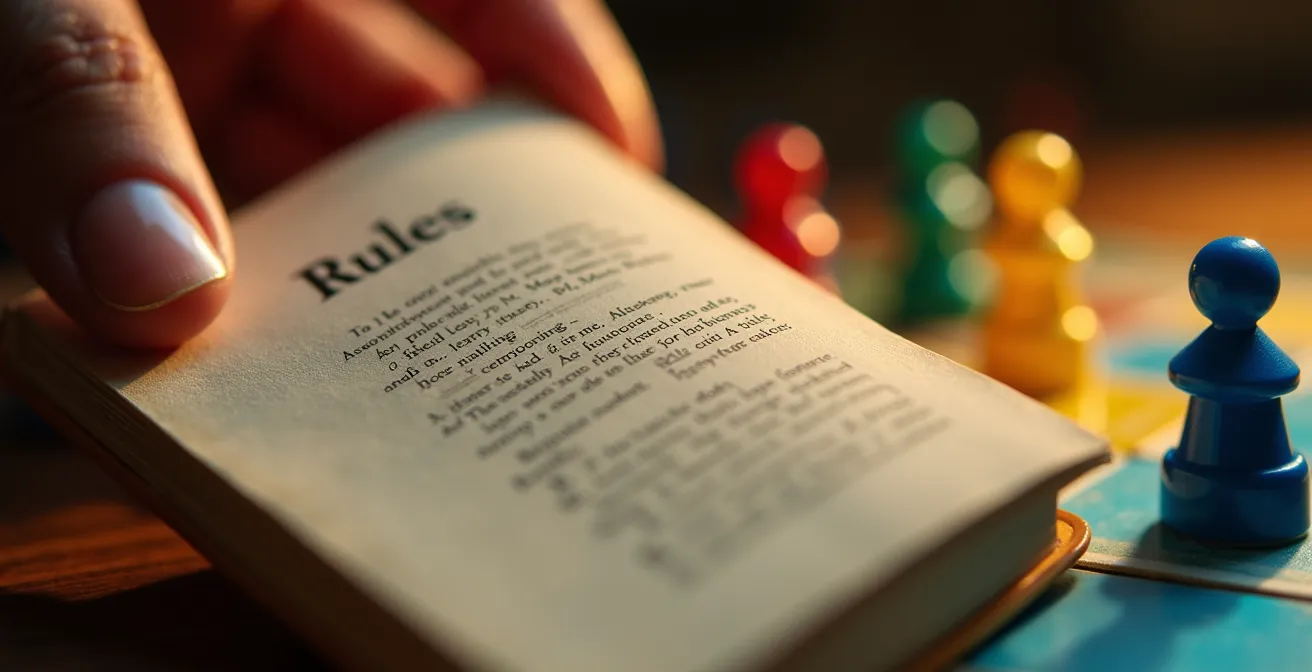 Vue macro de mains tenant un livret de règles avec des pièces de jeu floues en arrière-plan