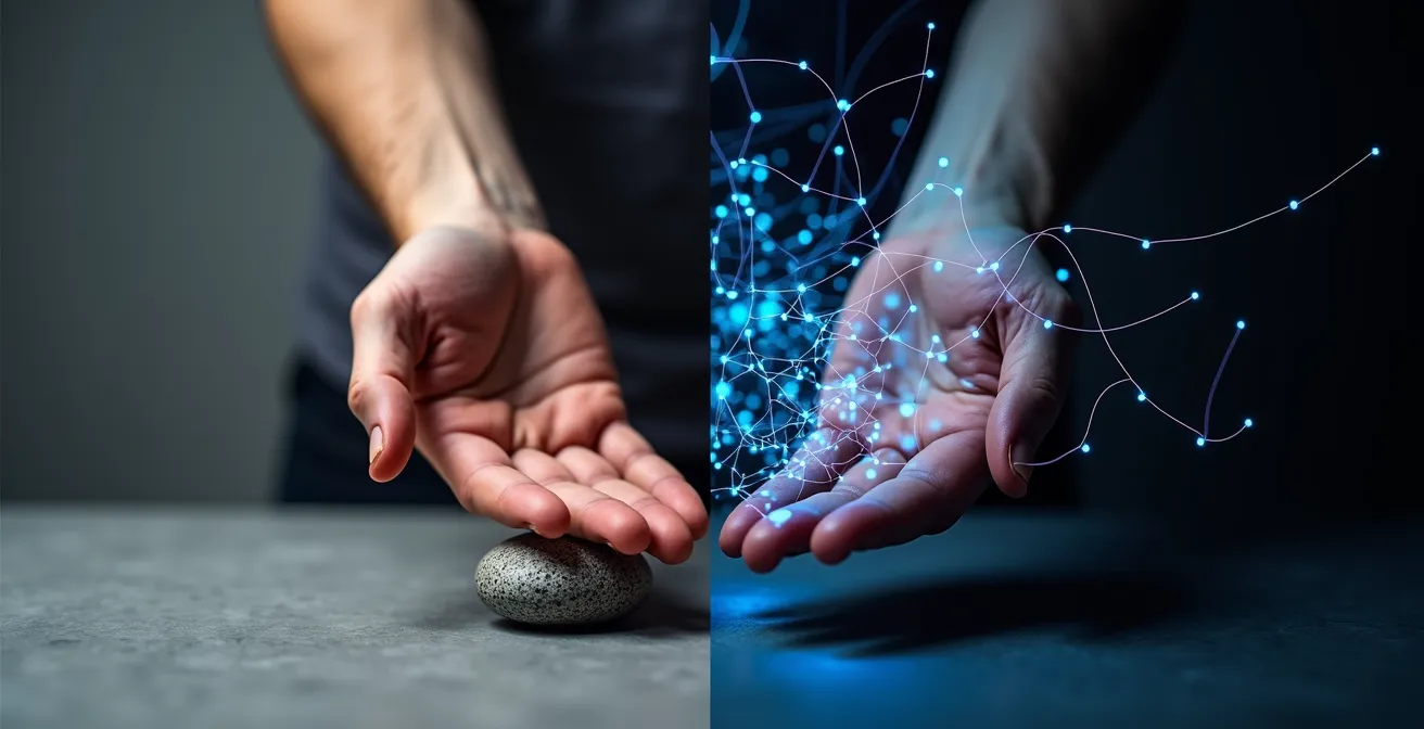 Illustration symbolique du cerveau avec connexions neuronales et mains en mouvement