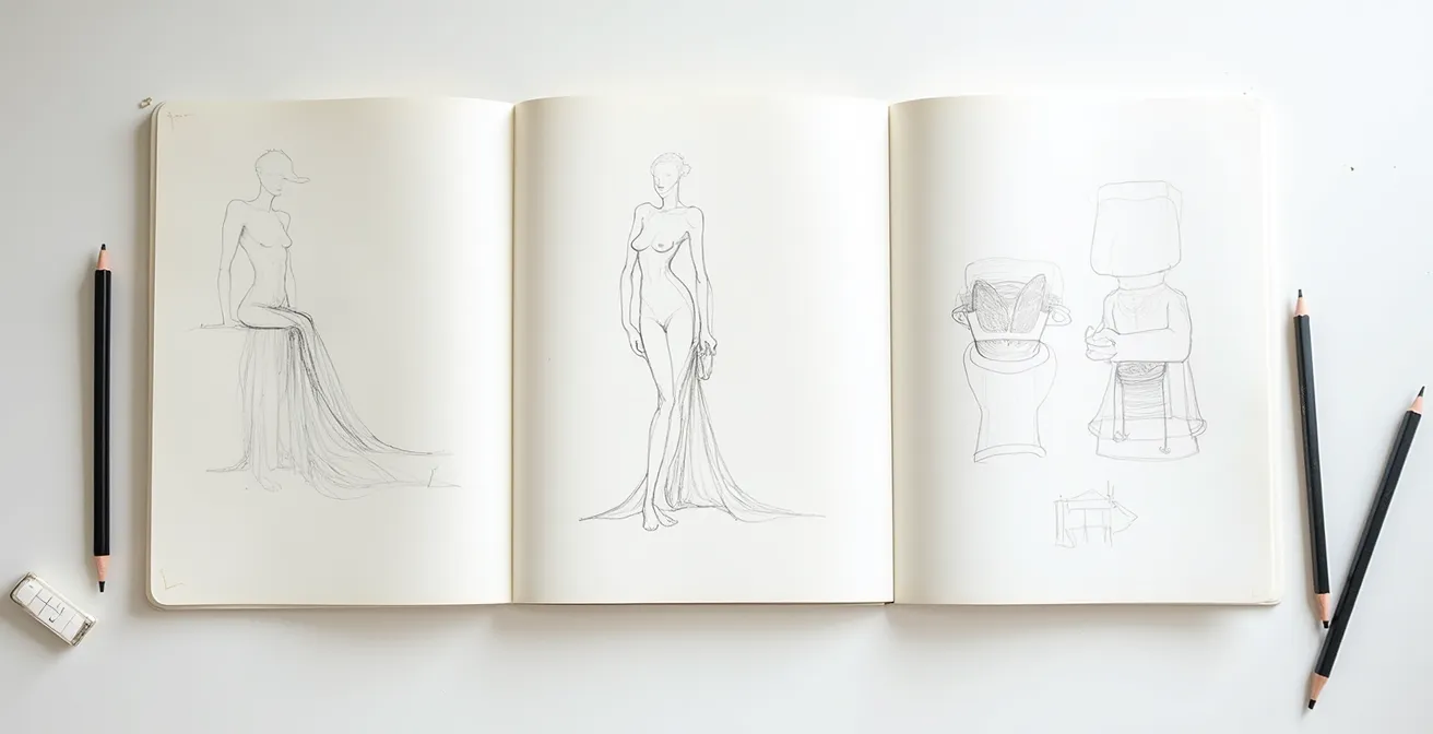 Vue aérienne d'un bureau d'artiste montrant trois carnets de croquis ouverts représentant les étapes d'apprentissage