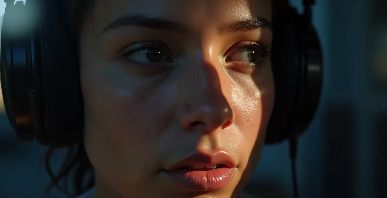 Gros plan sur un visage concentré se reflétant dans un écran éteint