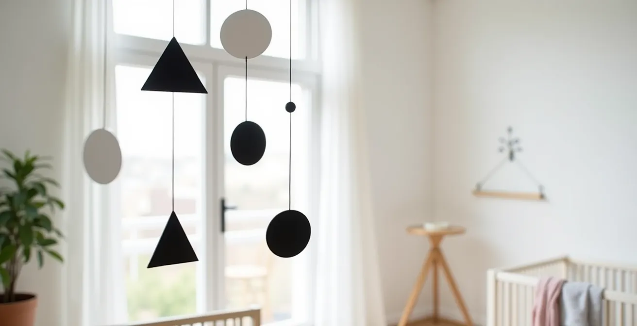 Mobile Munari noir et blanc suspendu au-dessus d'un berceau