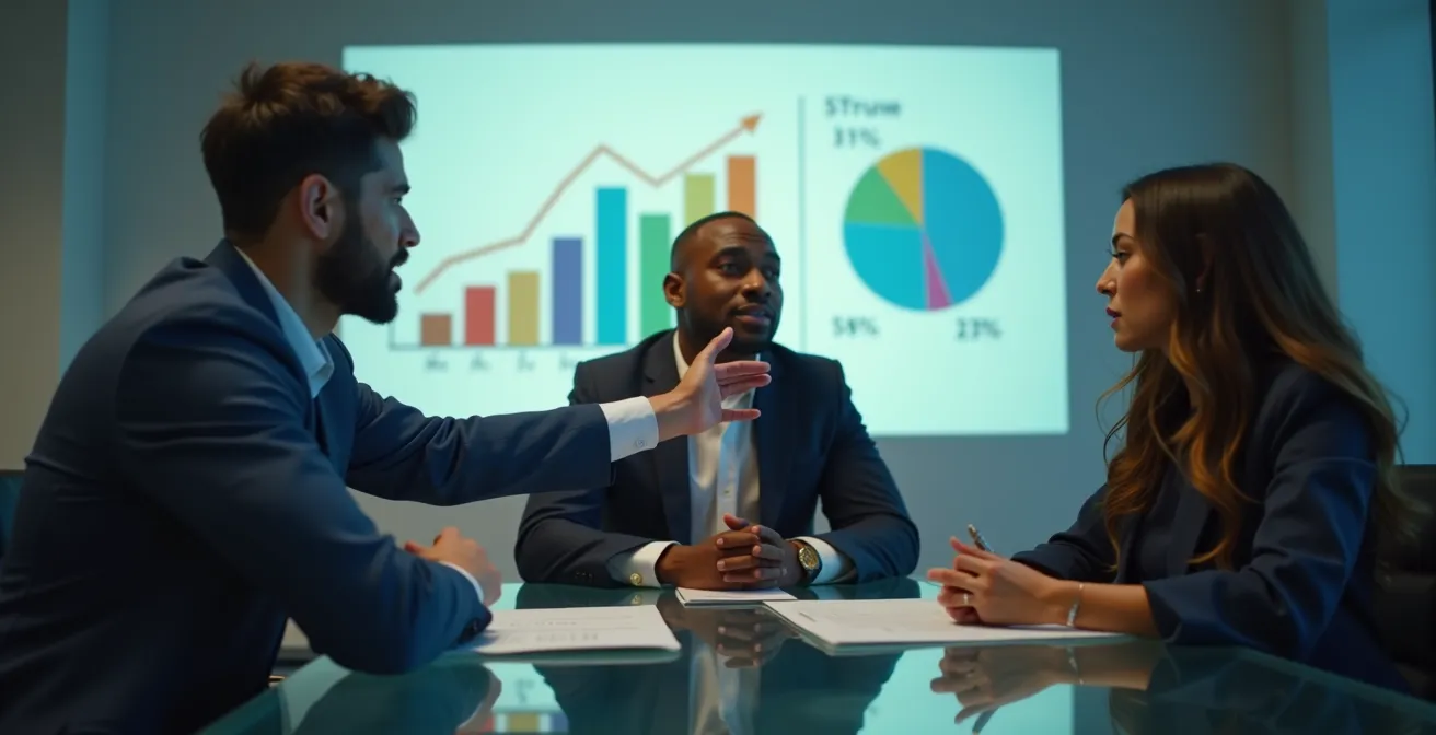 Professionnels en discussion autour d'une table avec des graphiques de rémunération abstraits en arrière-plan