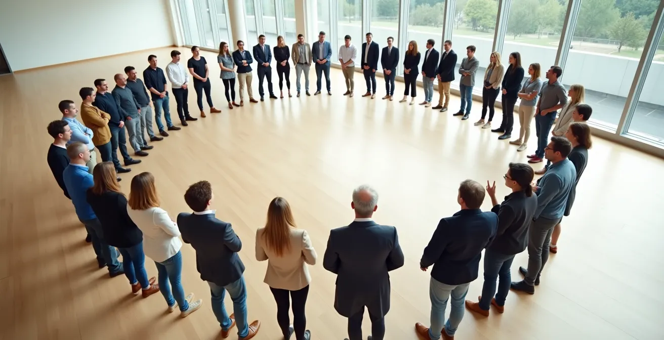 Vue aérienne d'un groupe disposé en cercle pour un jeu collectif, démontrant une bonne dynamique spatiale.