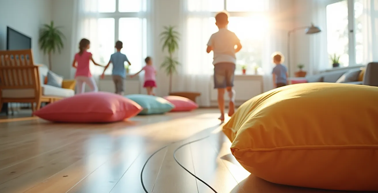 Parcours d'obstacles coloré installé dans un salon avec coussins, chaises et cordes