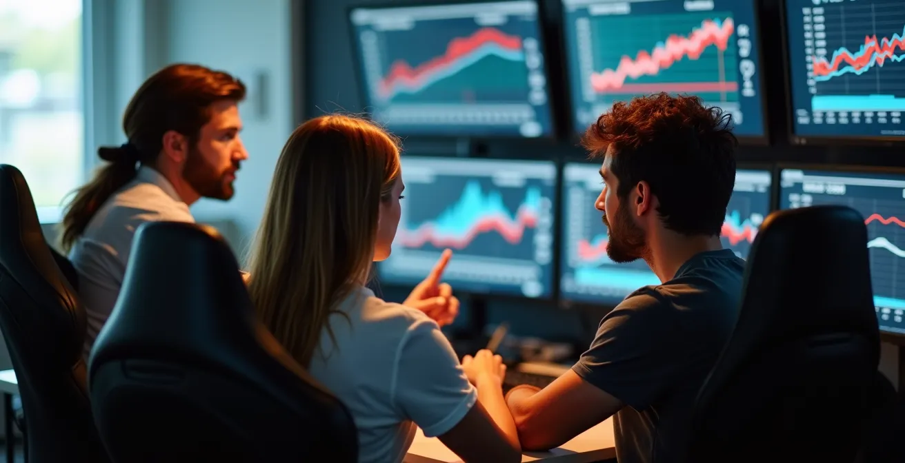 Équipe de simracing en pleine séance de débriefing autour d'écrans de télémétrie