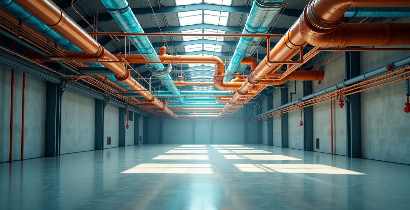 Réseau complexe de connexions invisibles entre différentes ressources d'entreprise visualisé comme un système de tuyauterie industrielle