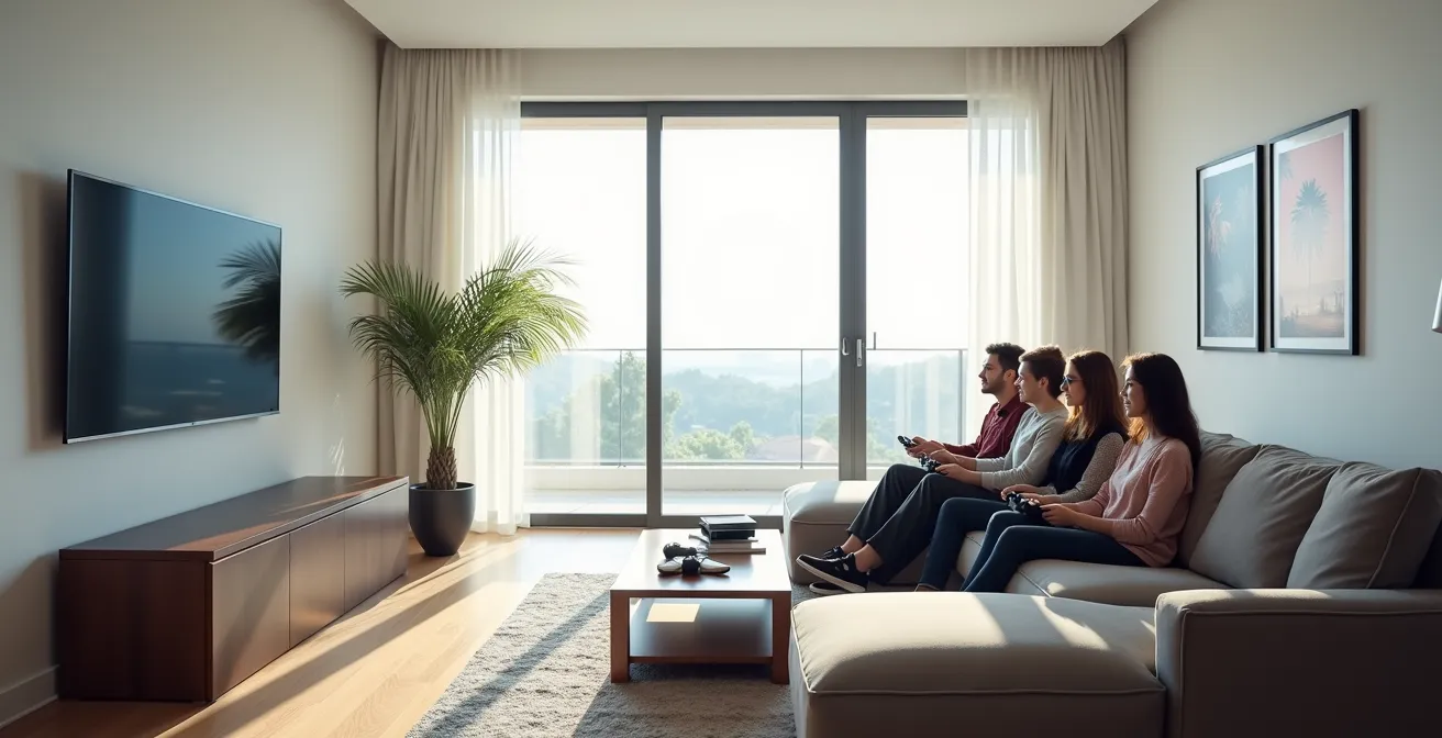 Vue large d'un salon moderne avec un grand écran mural et plusieurs joueurs assis à distance optimale